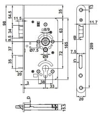 Hafele H100.01 Barelli Tip Gömme Kapı Kilidi Paslanmaz Çelik 100/20/72mm DIN Sol