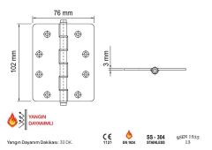 Sabit Milli Yangın Kapısı Kapı Menteşesi 102x76x3mm Antrasit 304