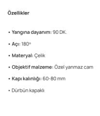 Yangın Kapı Dürbünü 90 dk 60-80 mm Krom Parlak