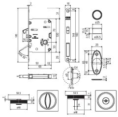 Kayar Kapı Kilit Seti WC Kare Rozet Pirinç Parlak