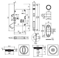 Kayar Kapı Kilit Seti WC Kare Rozet Krom Mat