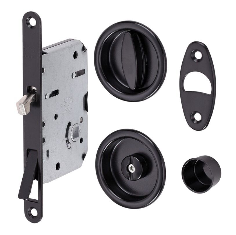 Kayar Kapı Kilit Seti WC Yuvarlak Rozet Siyah Mat